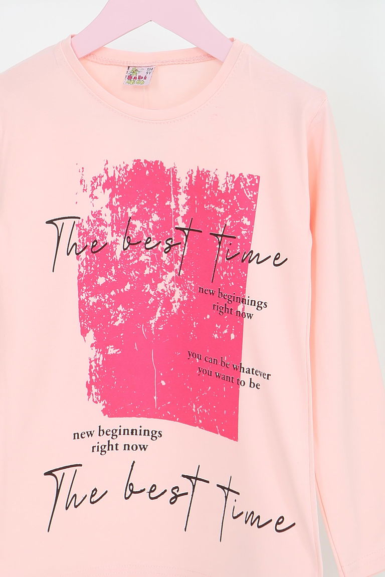 Kız Çocuk Pudra Uzun Kollu Baskılı Penye Badi - 27693 - TOFİSA