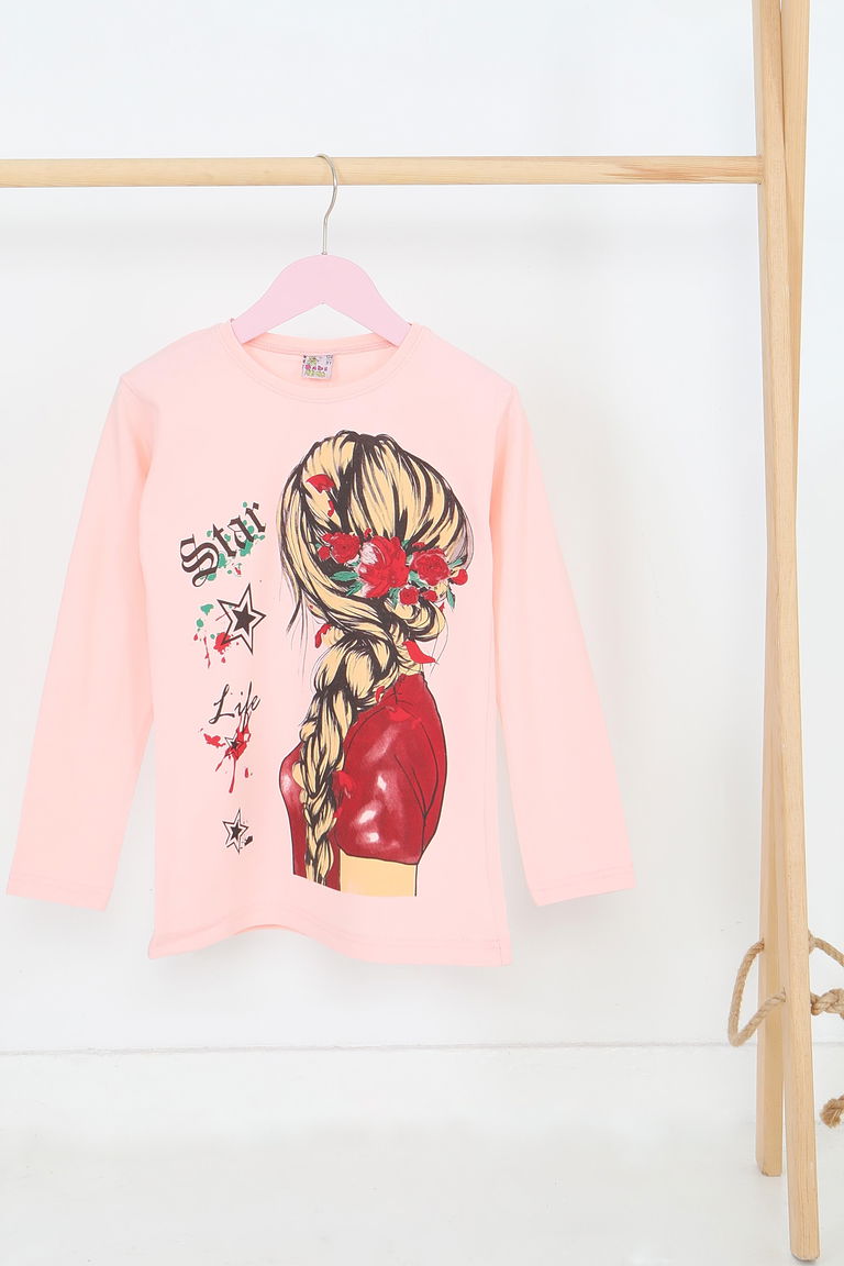 Kız Çocuk Pudra Uzun Kollu Baskılı Penye Badi - 27694 - TOFİSA