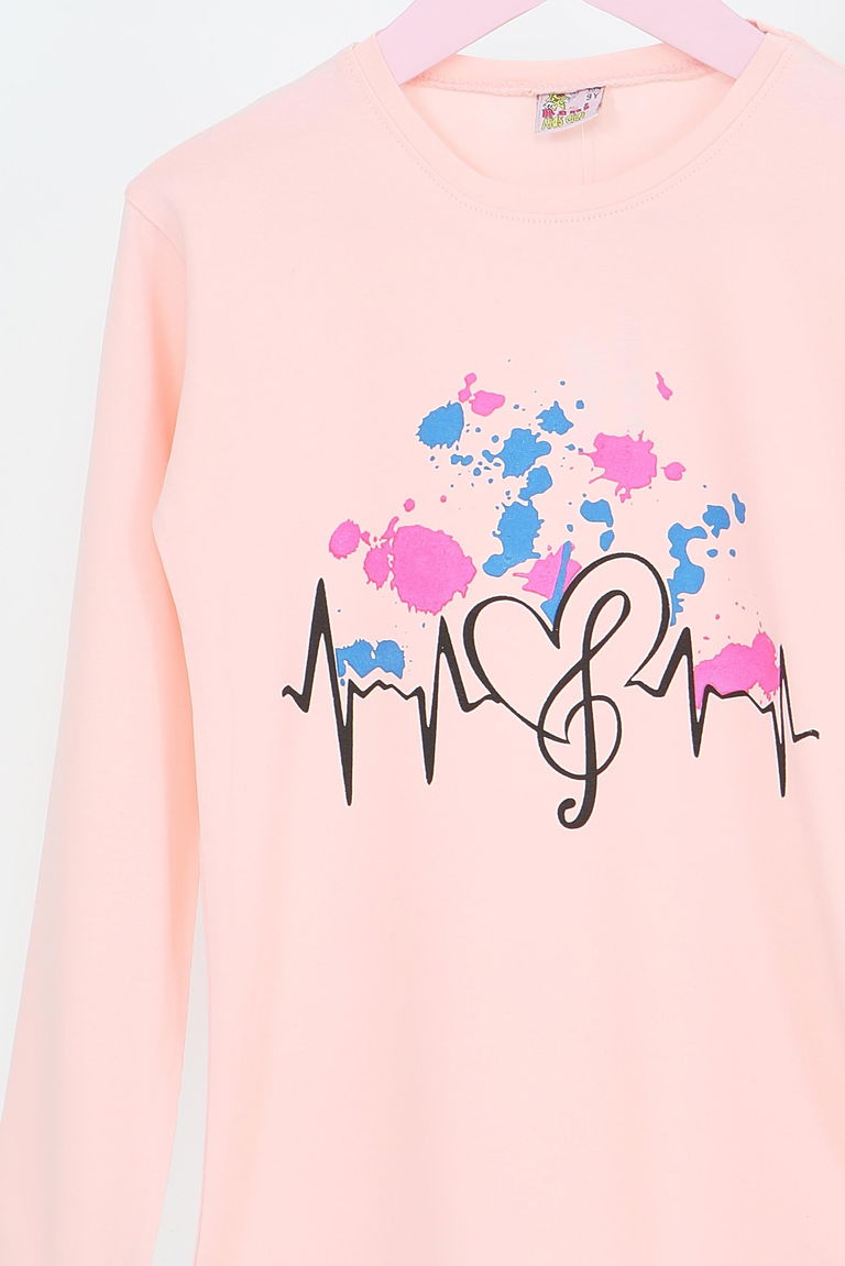 Kız Çocuk Pudra Uzun Kollu Baskılı Penye Badi - 27695 - TOFİSA