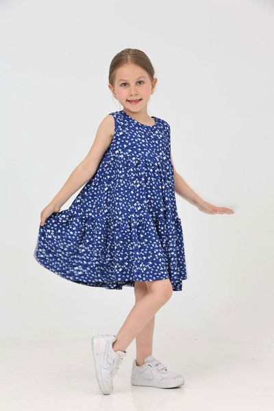 Kız Çocuk Saks Çiçek Desenli Elbise - 27215 