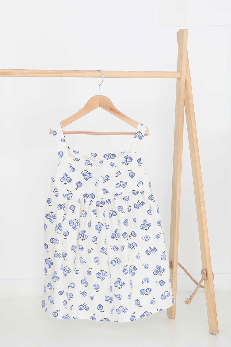 Kız Çocuk Saks Çiçek Desenli Elbise - 27217 - TOFİSA