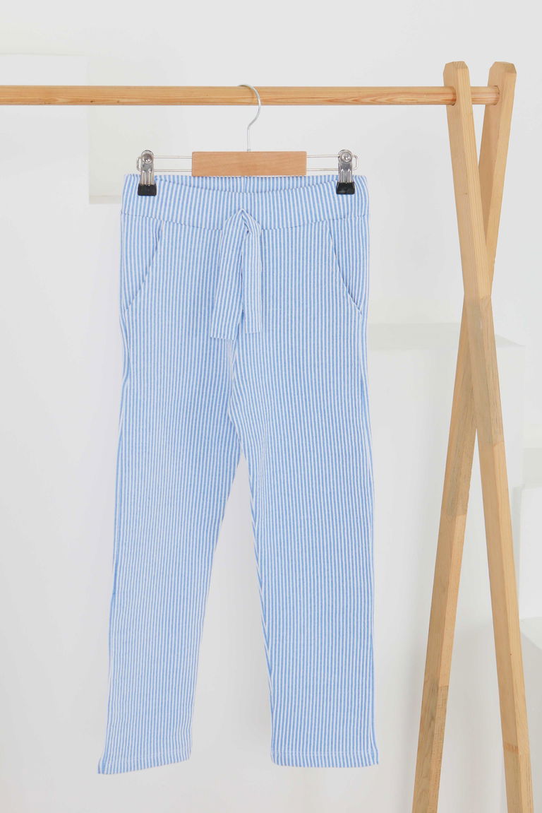 Kız Çocuk Saks Çizgili Cepli Pantolon - 27450 - TOFİSA