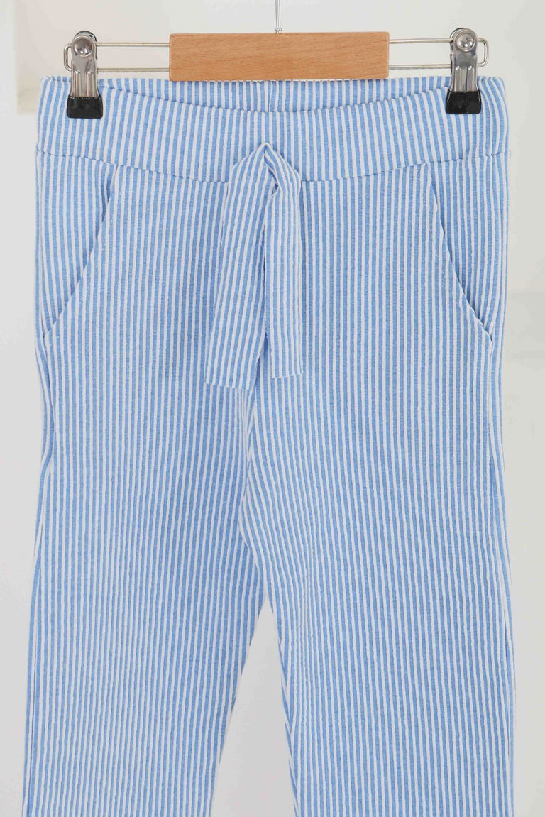 Kız Çocuk Saks Çizgili Cepli Pantolon - 27450 - TOFİSA