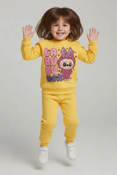 Kız Çocuk Sari Baskılı Şardonlu Pijama Takımı - 28099-SARI 