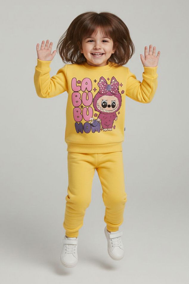 Kız Çocuk Sari Baskılı Şardonlu Pijama Takımı - 28099-SARI - TOFİSA