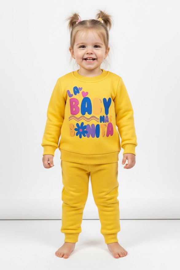 Kız Çocuk Sari Baskılı Üç İplik Şardonlu Takım - 27964-SARI - TOFİSA