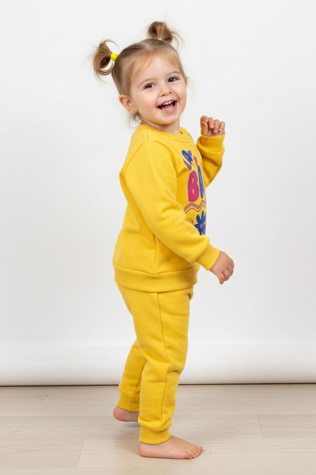 Kız Çocuk Sari Baskılı Üç İplik Şardonlu Takım - 27964-SARI - TOFİSA