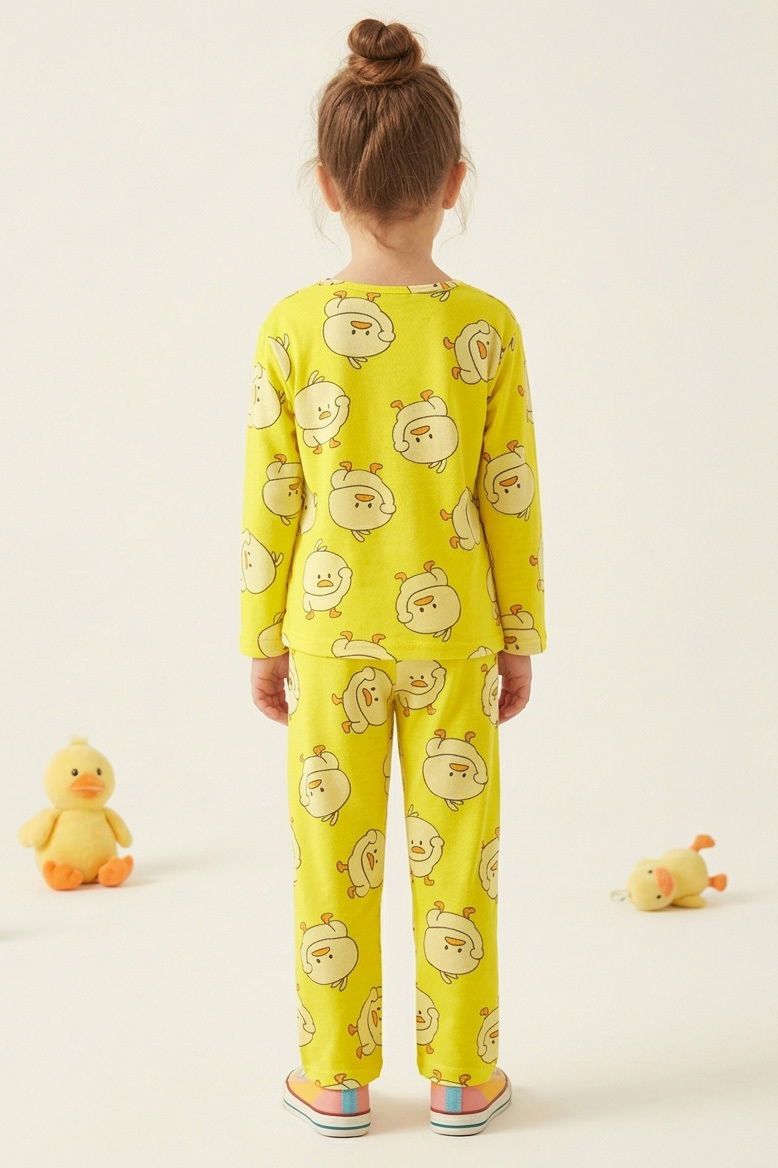 Kız Çocuk Sari Civciv Basklı Süet Pijama Takımı - 28342-SARI - 2