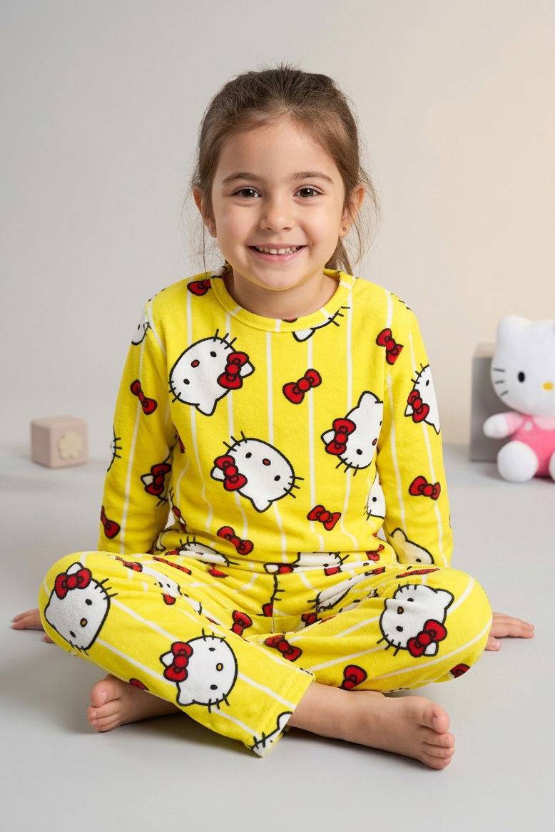Kız Çocuk Sari Kedi Basklı Süet Pijama Takımı - 28331-SARI - 1