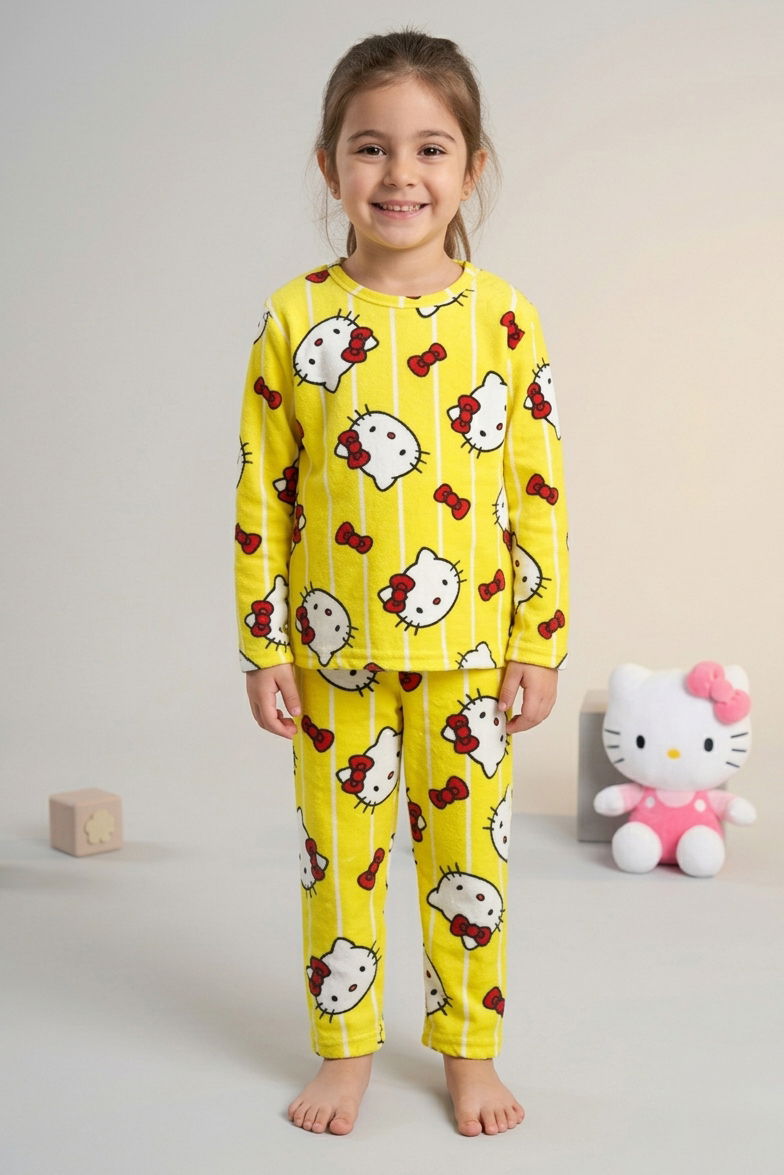 Kız Çocuk Sari Kedi Basklı Süet Pijama Takımı - 28331-SARI - 2