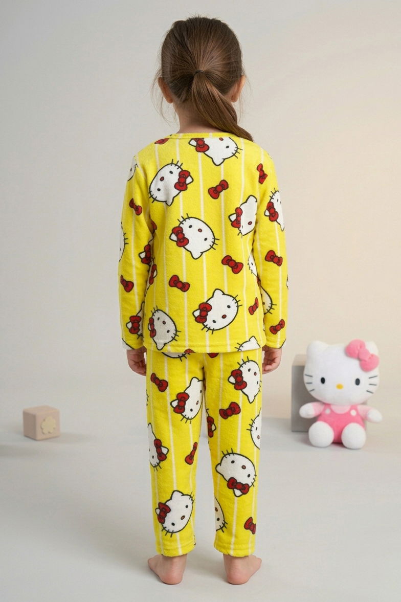 Kız Çocuk Sari Kedi Basklı Süet Pijama Takımı - 28331-SARI - 3