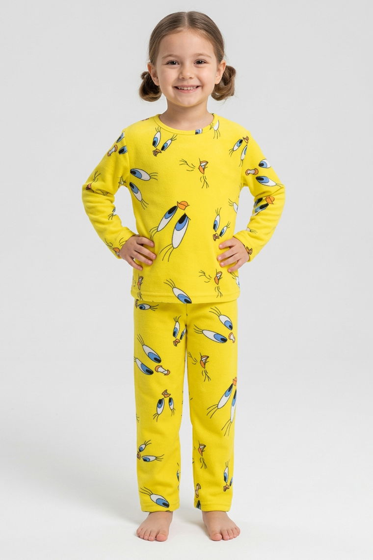 Kız Çocuk Sari Kuş Basklı Süet Pijama Takımı - 28332-SARI - 1