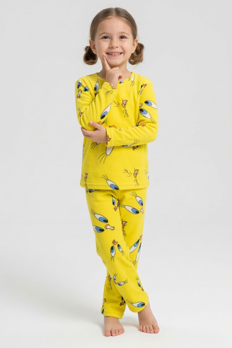 Kız Çocuk Sari Kuş Basklı Süet Pijama Takımı - 28332-SARI - 2