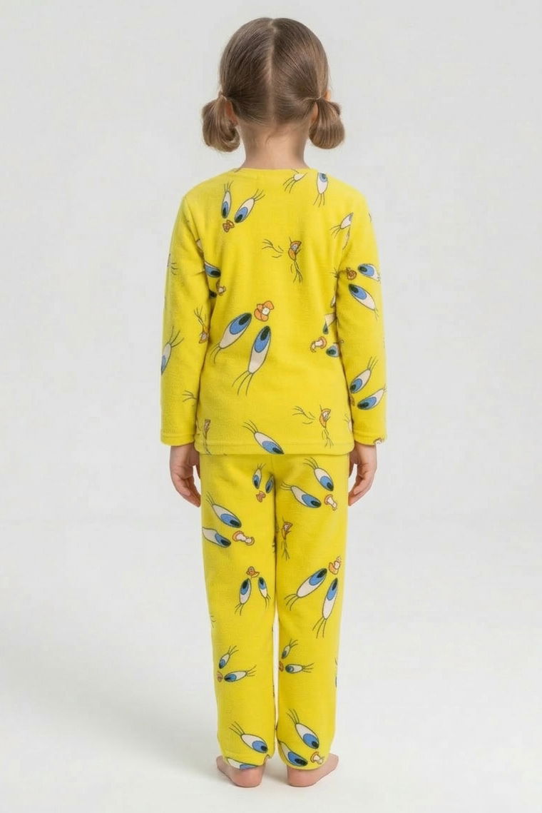 Kız Çocuk Sari Kuş Basklı Süet Pijama Takımı - 28332-SARI - 3