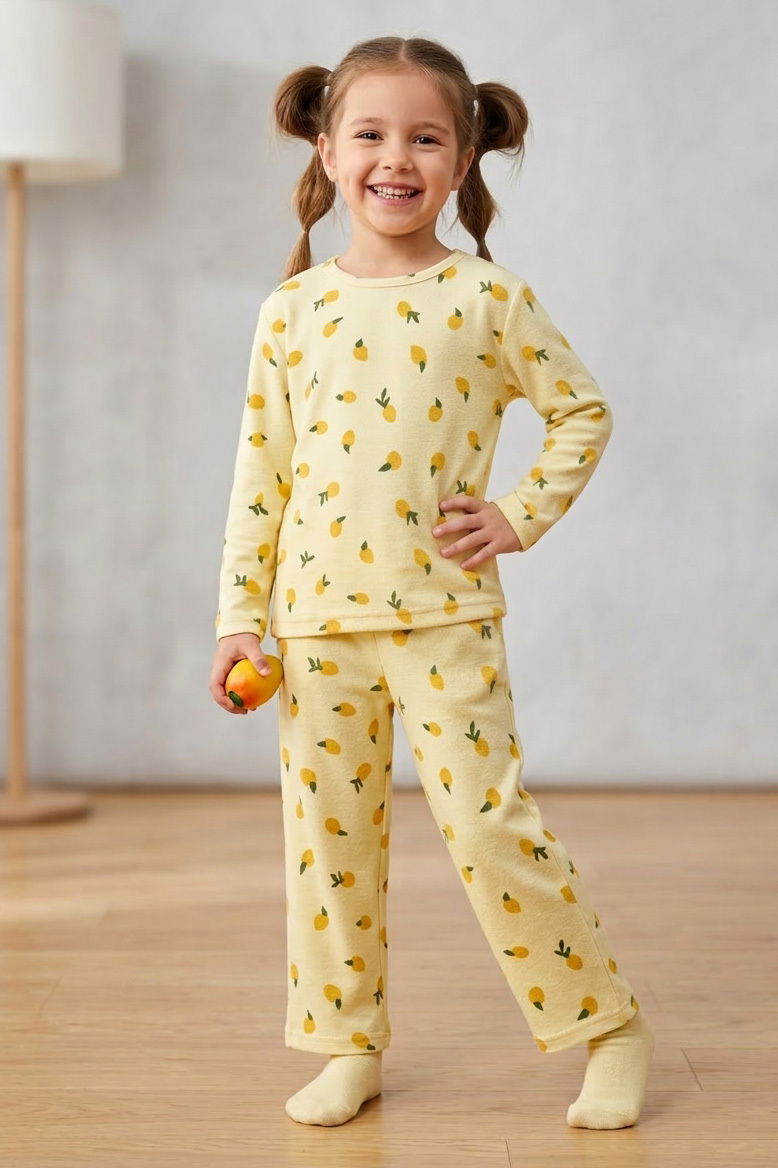 Kız Çocuk Sari Limon Basklı Süet Pijama Takımı - 28343-SARI - 1