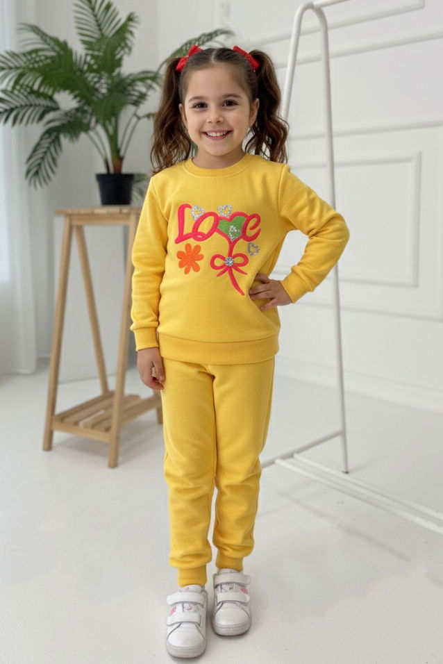 Kız Çocuk Sari Nakışlı İki İplik İkili Takım - 27971-SARI - 1