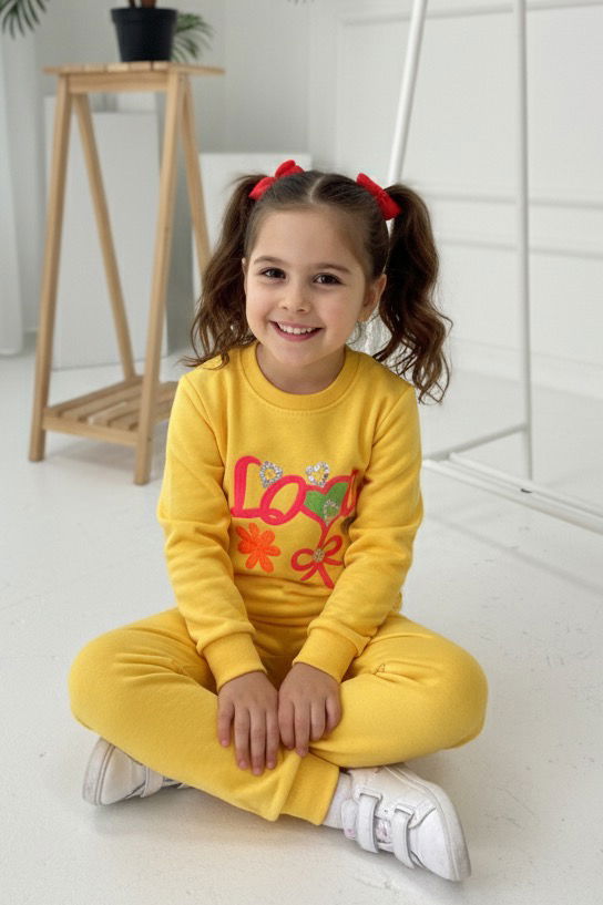 Kız Çocuk Sari Nakışlı İki İplik İkili Takım - 27971-SARI - 2