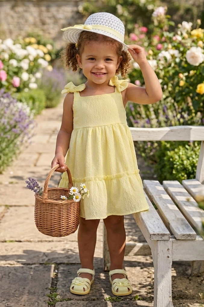 Kız Çocuk Sari Şapkalı Bürümcük Elbise - 28350-SARI - 1