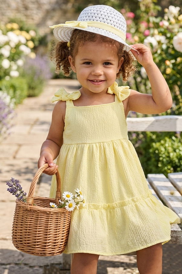Kız Çocuk Sari Şapkalı Bürümcük Elbise - 28350-SARI - 2