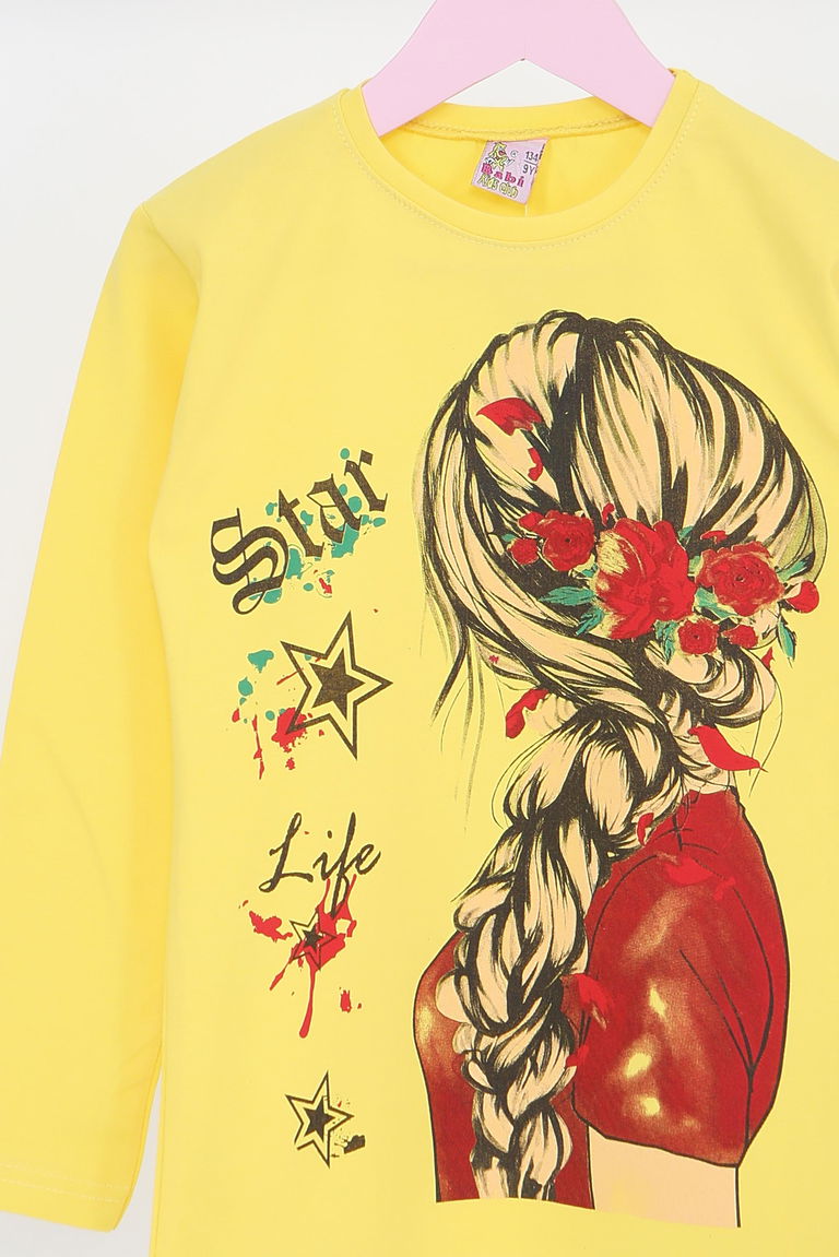 Kız Çocuk Sari Uzun Kollu Baskılı Penye Badi - 27694 - TOFİSA