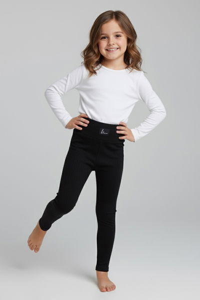 Kız Çocuk Siyah Armalı Fitilli Kadife Tayt - 27963-SIYAH 