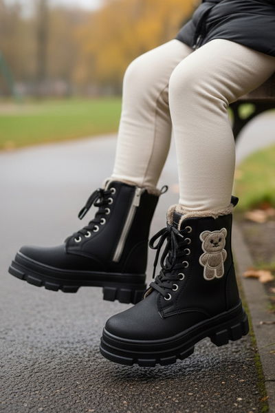 Kız Çocuk Siyah Ayıcık Detaylı Fermuarlı Bot - 27893-SIYAH 