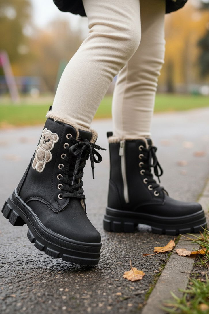 Kız Çocuk Siyah Ayıcık Detaylı Fermuarlı Bot - 27893-SIYAH - TOFİSA