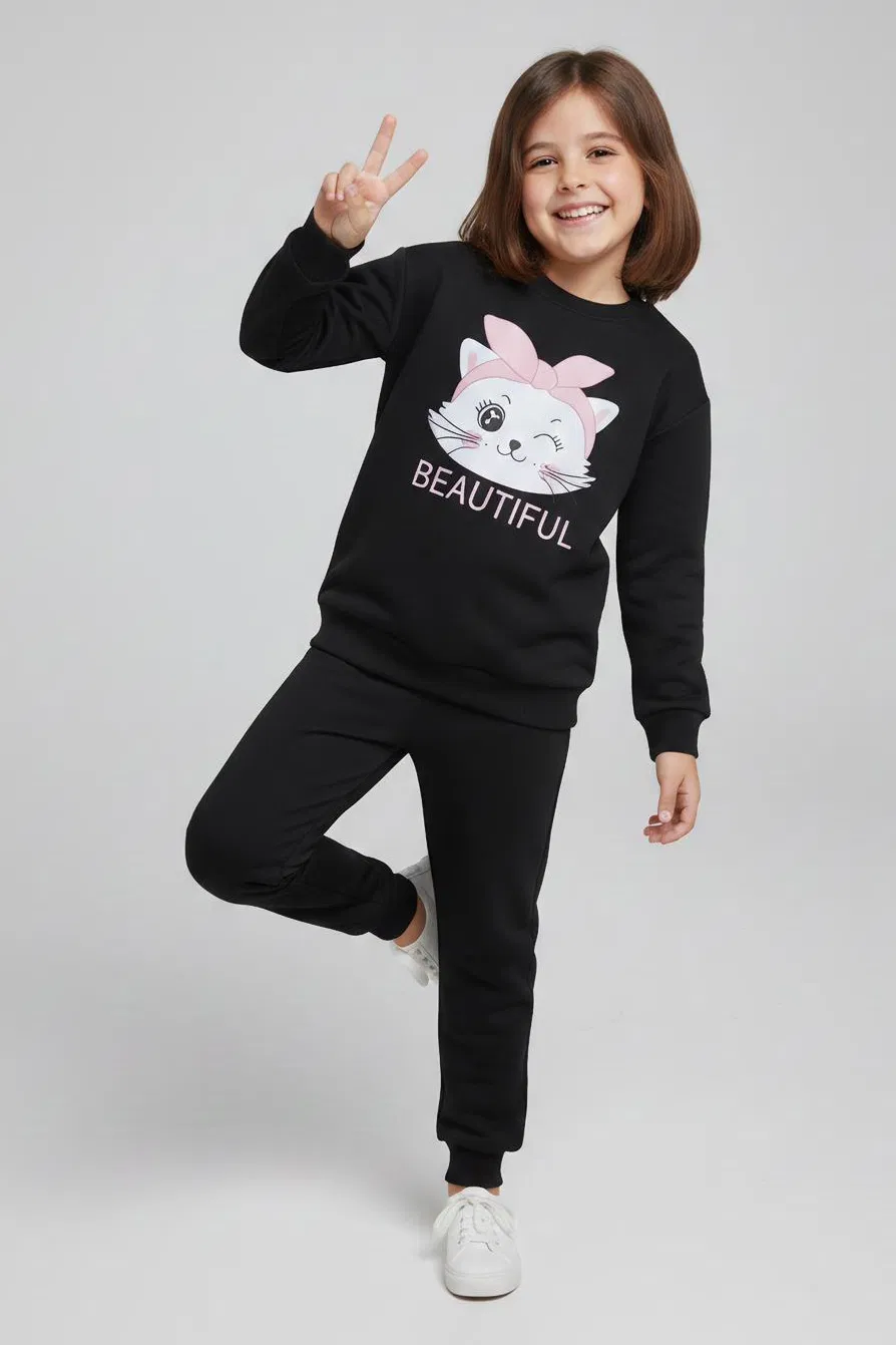 Kız Çocuk Siyah Baskılı Eşofman Takımı - 28175-SIYAH - 1