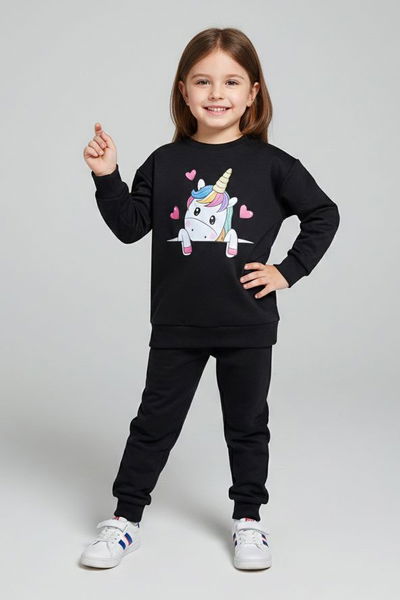 Kız Çocuk Siyah Baskılı Eşofman Takımı - 28176-SIYAH 