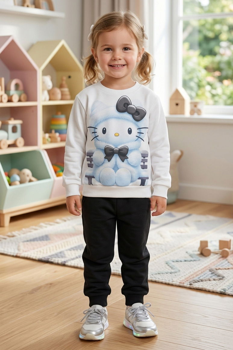 Kız Çocuk Siyah Baskılı İki İplik Çocuk Pijama Takımı - 28347-SIYAH - 1