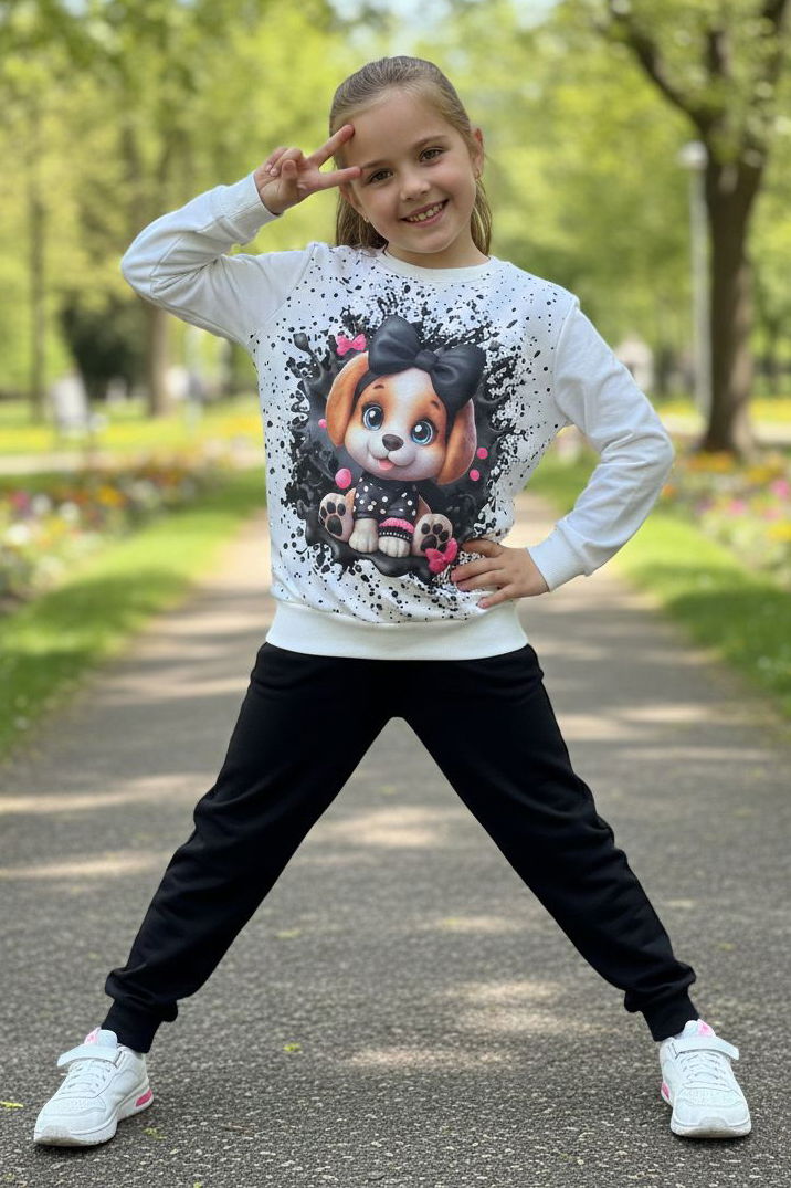 Kız Çocuk Siyah Baskılı Pijama Takımı - 28166-SIYAH - 1