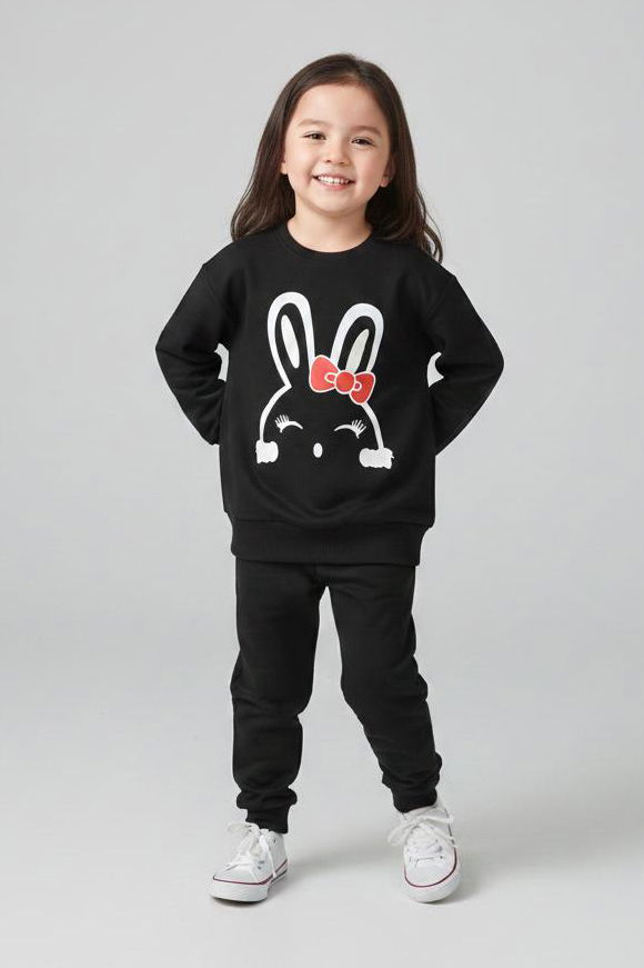 Kız Çocuk Siyah Baskılı Pijama Takımı - 28177-SIYAH - 1