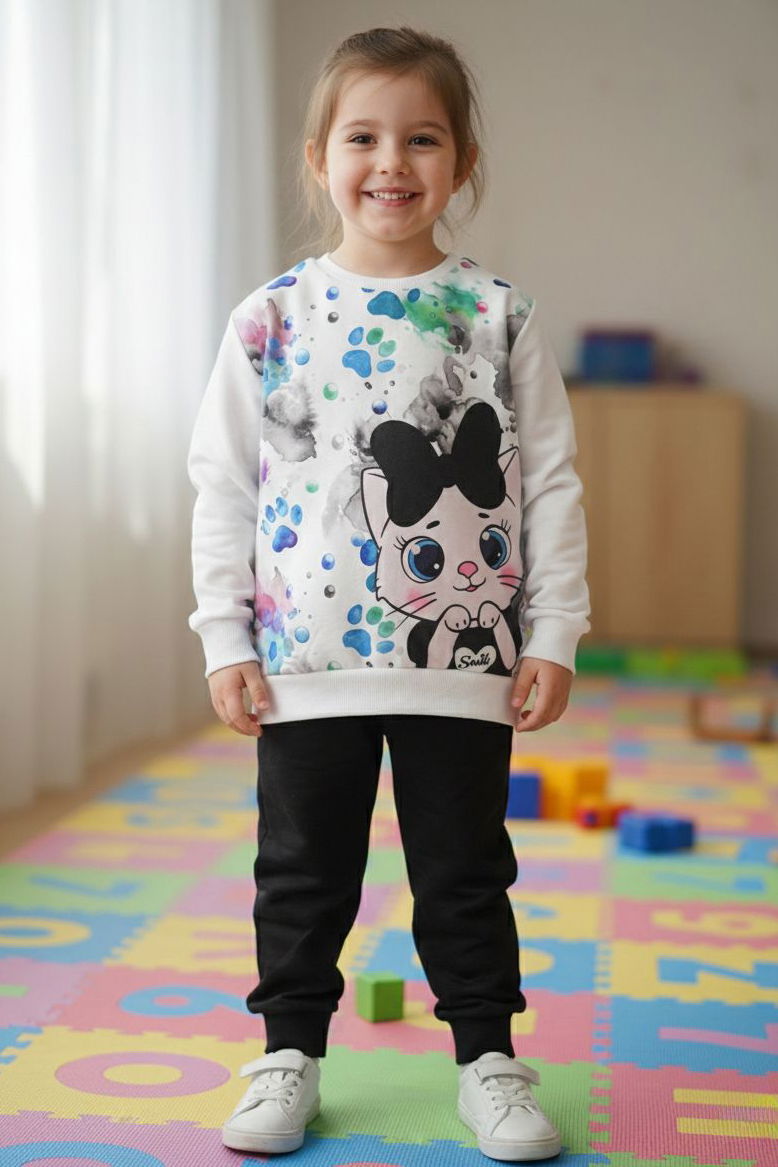 Kız Çocuk Siyah Baskılı Şardonlu Pijama Takımı - 28236-SIYAH - 1