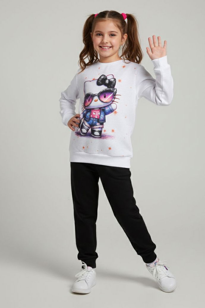 Kız Çocuk Siyah Baskılı Şardonlu Pijama Takımı - 28237-SIYAH - 1