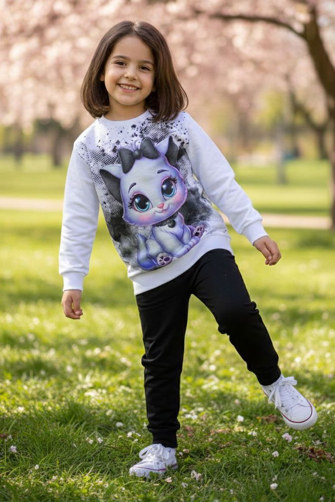 Kız Çocuk Siyah Baskılı Şardonlu Pijama Takımı - 28238-SIYAH - 1