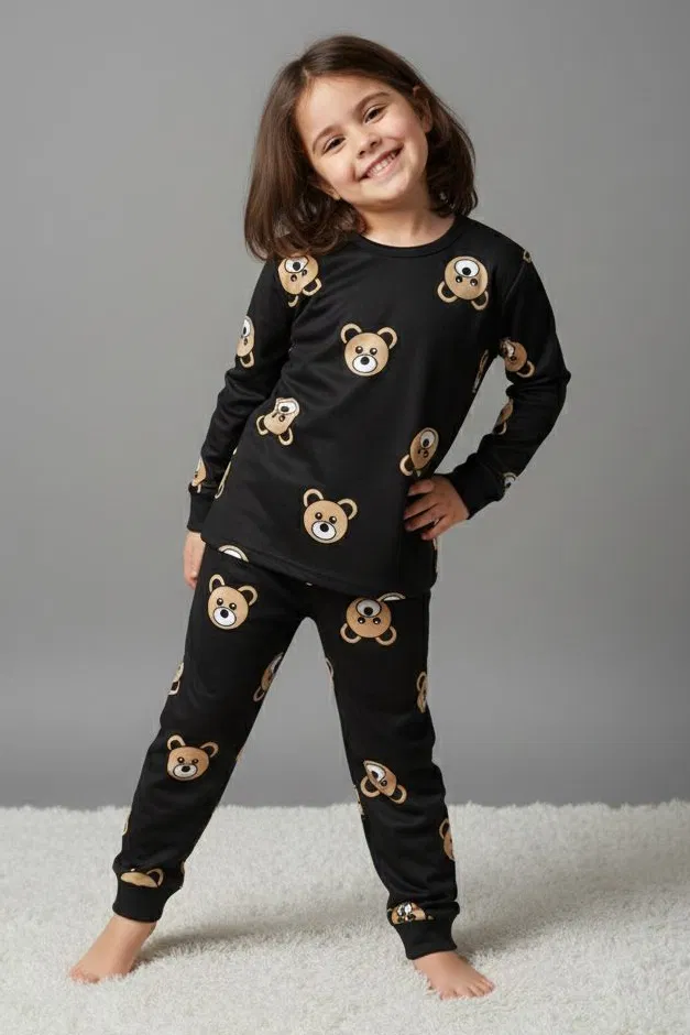 Kız Çocuk Siyah Baskılı Süet Pijama Takımı - 28129-SIYAH - 1