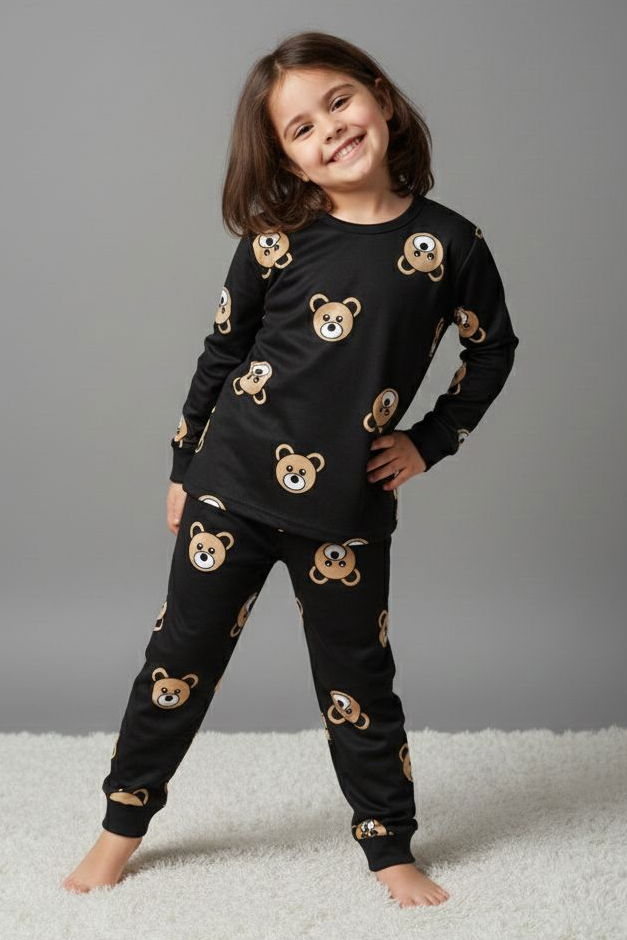 Kız Çocuk Siyah Baskılı Süet Pijama Takımı - 28129-SIYAH - TOFİSA