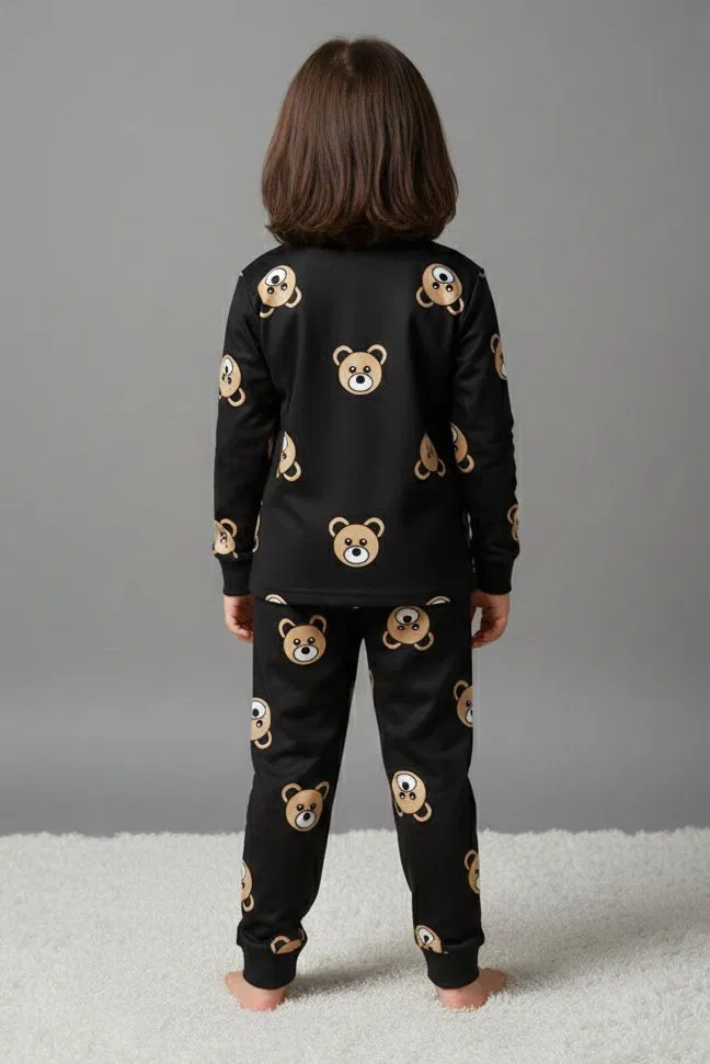 Kız Çocuk Siyah Baskılı Süet Pijama Takımı - 28129-SIYAH - 2