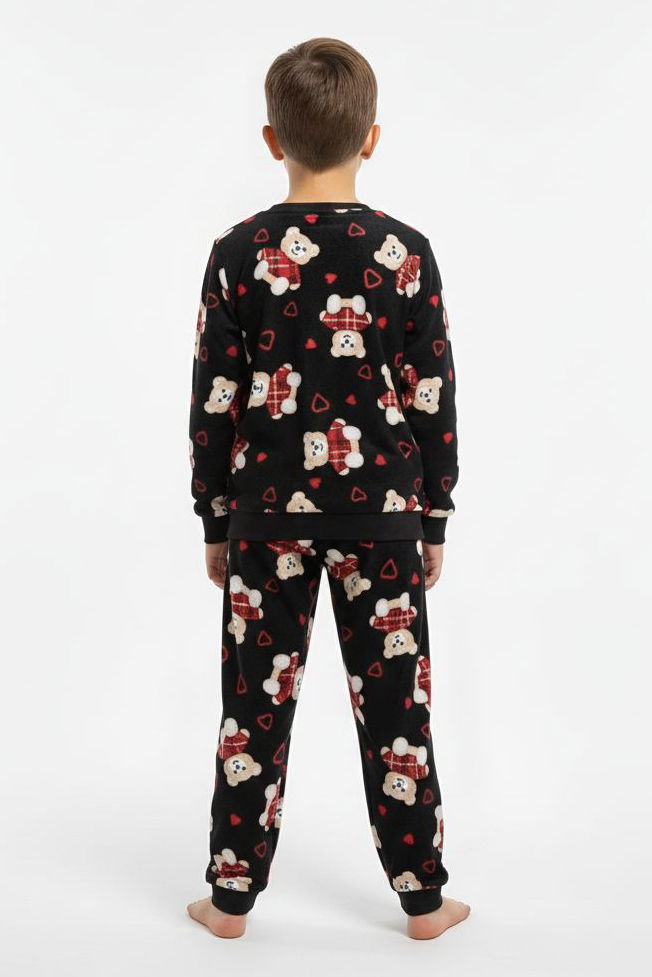 Erkek Çocuk Siyah Baskılı Süet Pijama Takımı - 28168-SIYAH - TOFİSA