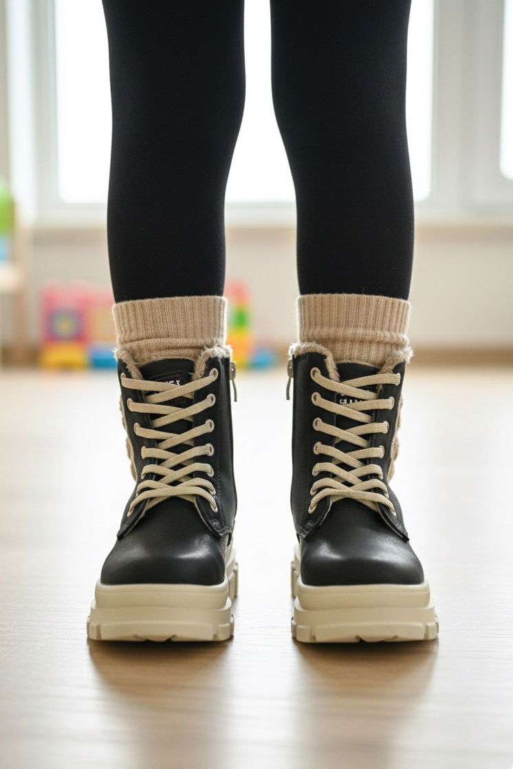 Kız Çocuk Siyah Bej Ayıcık Detaylı Fermuarlı Bot - 27893-SIYAH-BEJ - TOFİSA