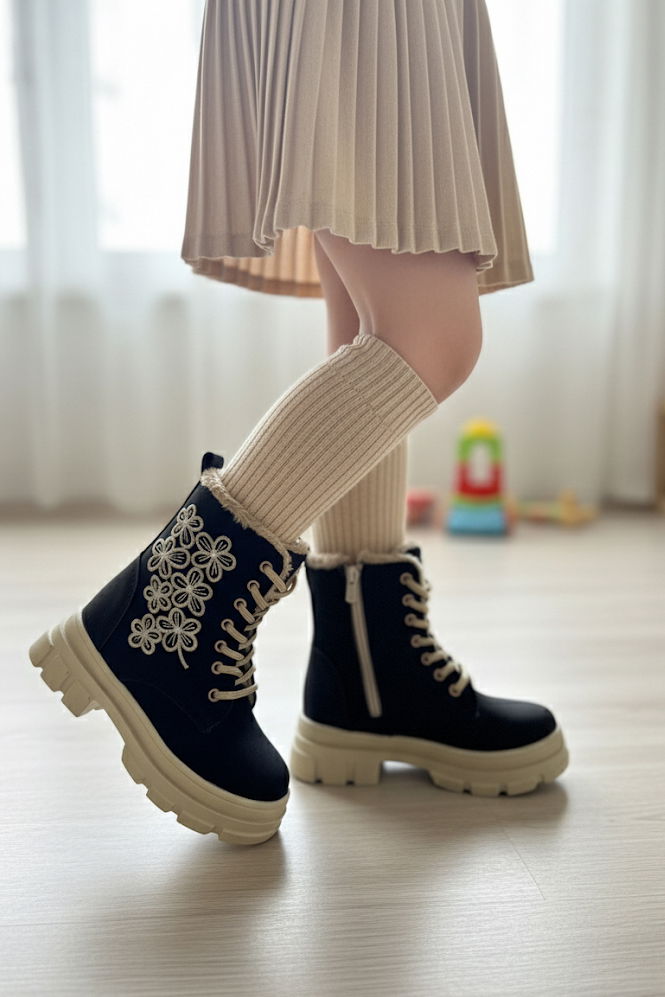 Kız Çocuk Siyah Bej Çiçek Nakışlı Fermuarlı Bot - 27894-SIYAH-BEJ - TOFİSA