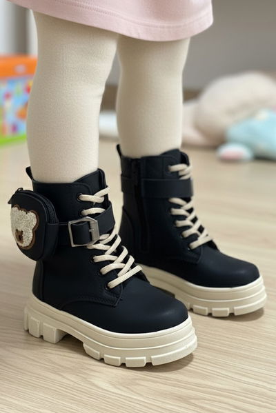 Kız Çocuk Siyah Bej Mini Cüzdan Fermuarlı Bot - 27895-SIYAH-BEJ 