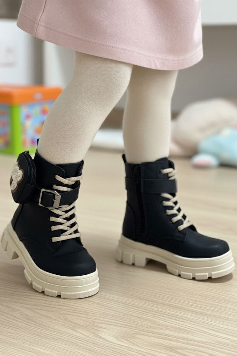 Kız Çocuk Siyah Bej Mini Cüzdan Fermuarlı Bot - 27895-SIYAH-BEJ - TOFİSA