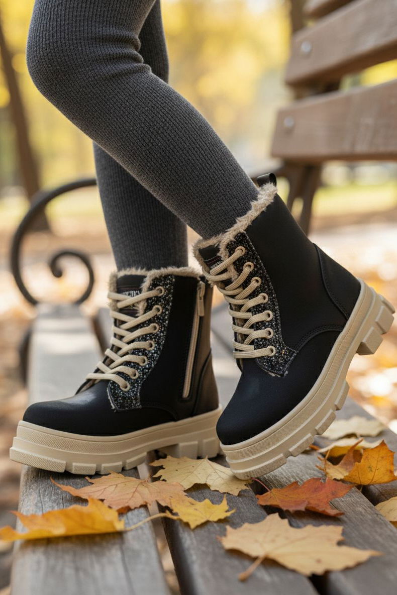 Kız Çocuk Siyah Bej Pul Detaylı Fermuarlı Bot - 28077-SIYAH-BEJ - 1