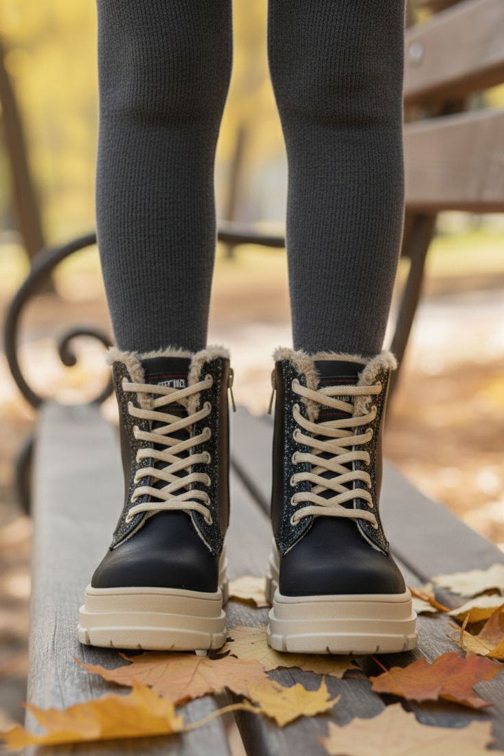 Kız Çocuk Siyah Bej Pul Detaylı Fermuarlı Bot - 28077-SIYAH-BEJ - 2