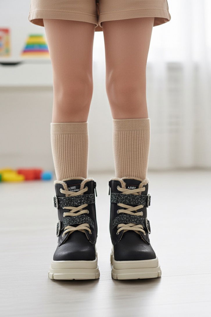 Kız Çocuk Siyah Bej Taş Detaylı Fermuarlı Bot - 27896-SIYAH-BEJ - TOFİSA