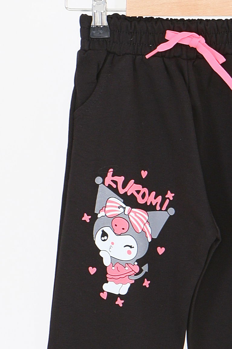 Kız Çocuk Siyah Beli Lastikli Baskılı Penye Eşofman Altı - 27687 - TOFİSA