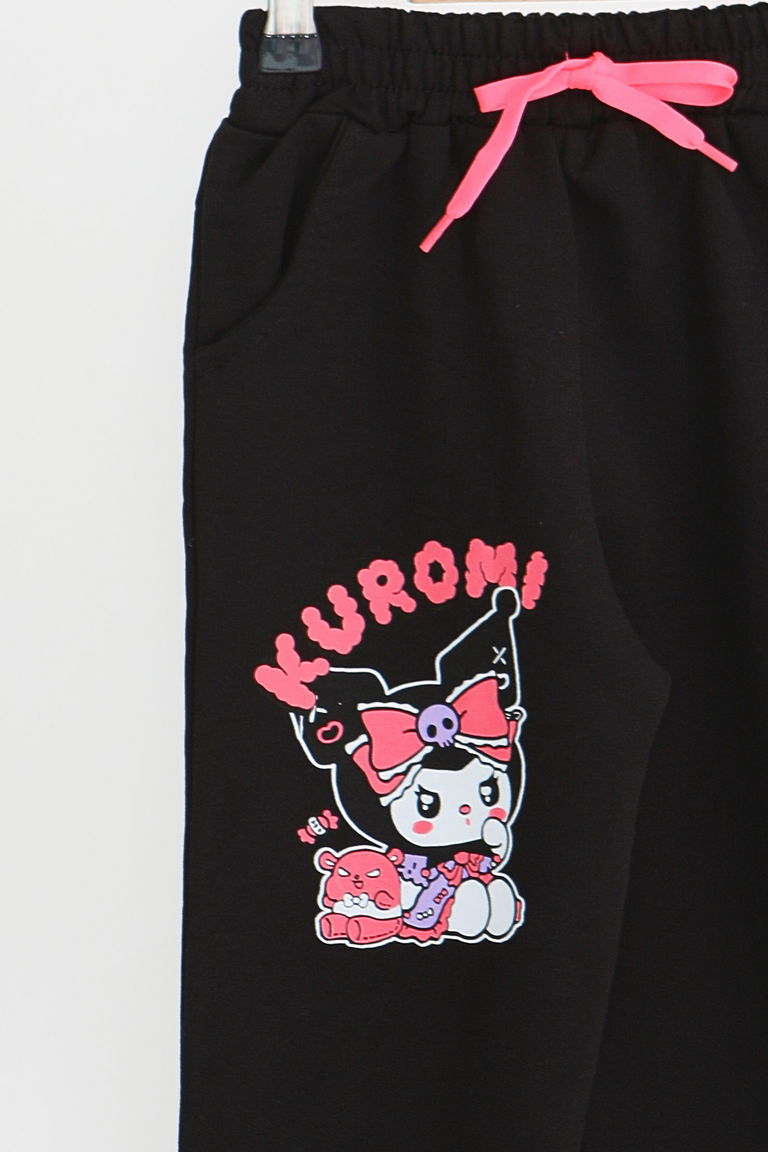 Kız Çocuk Siyah Beli Lastikli Baskılı Penye Eşofman Altı - 27688 - TOFİSA