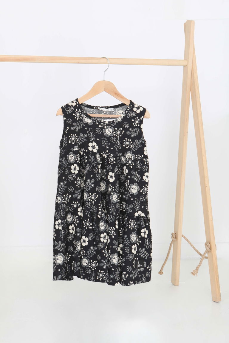 Kız Çocuk Siyah Çiçek Desenli Elbise - 27216 - TOFİSA