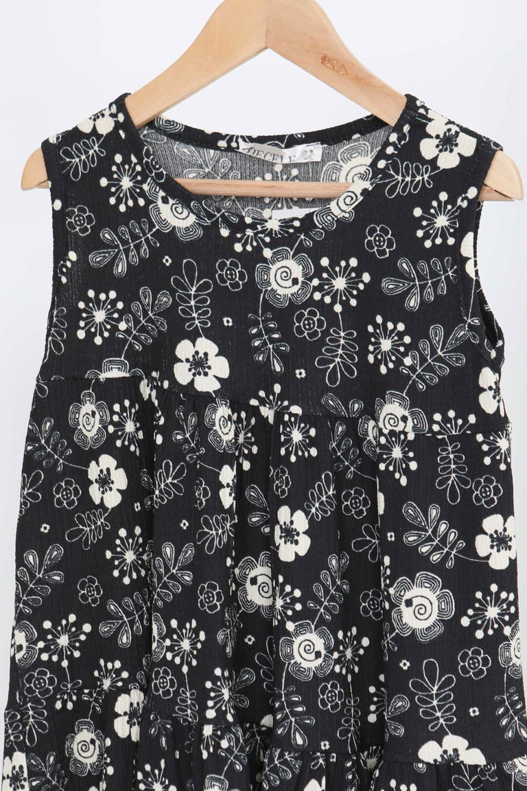 Kız Çocuk Siyah Çiçek Desenli Elbise - 27216 - TOFİSA